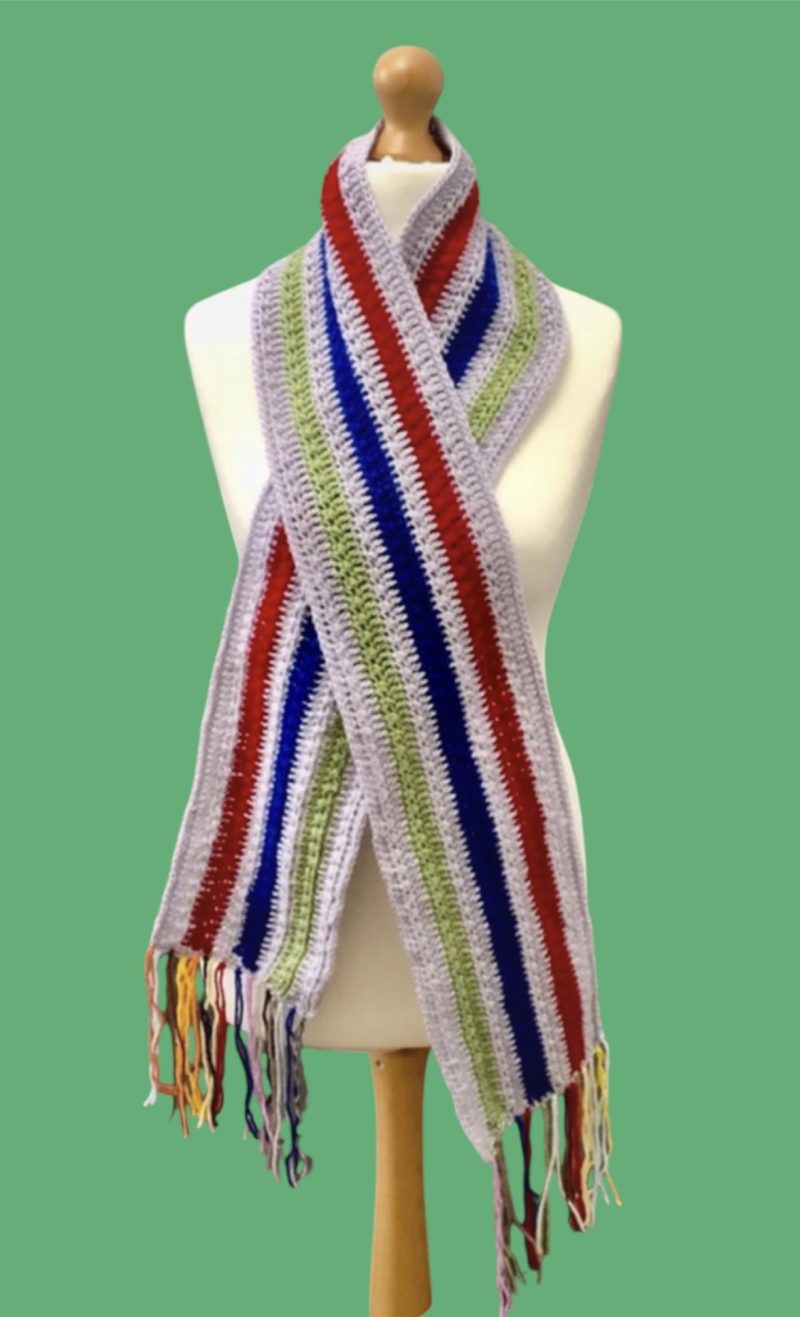 Unisex. Multicoloured crochet scarf with tassels. Handmade.