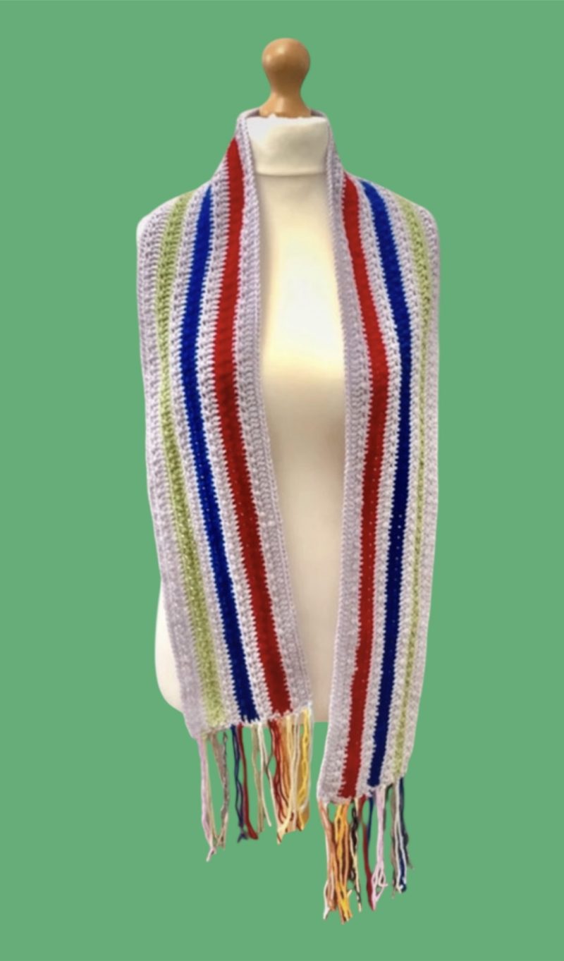 Unisex. Multicoloured crochet scarf with tassels. Handmade.