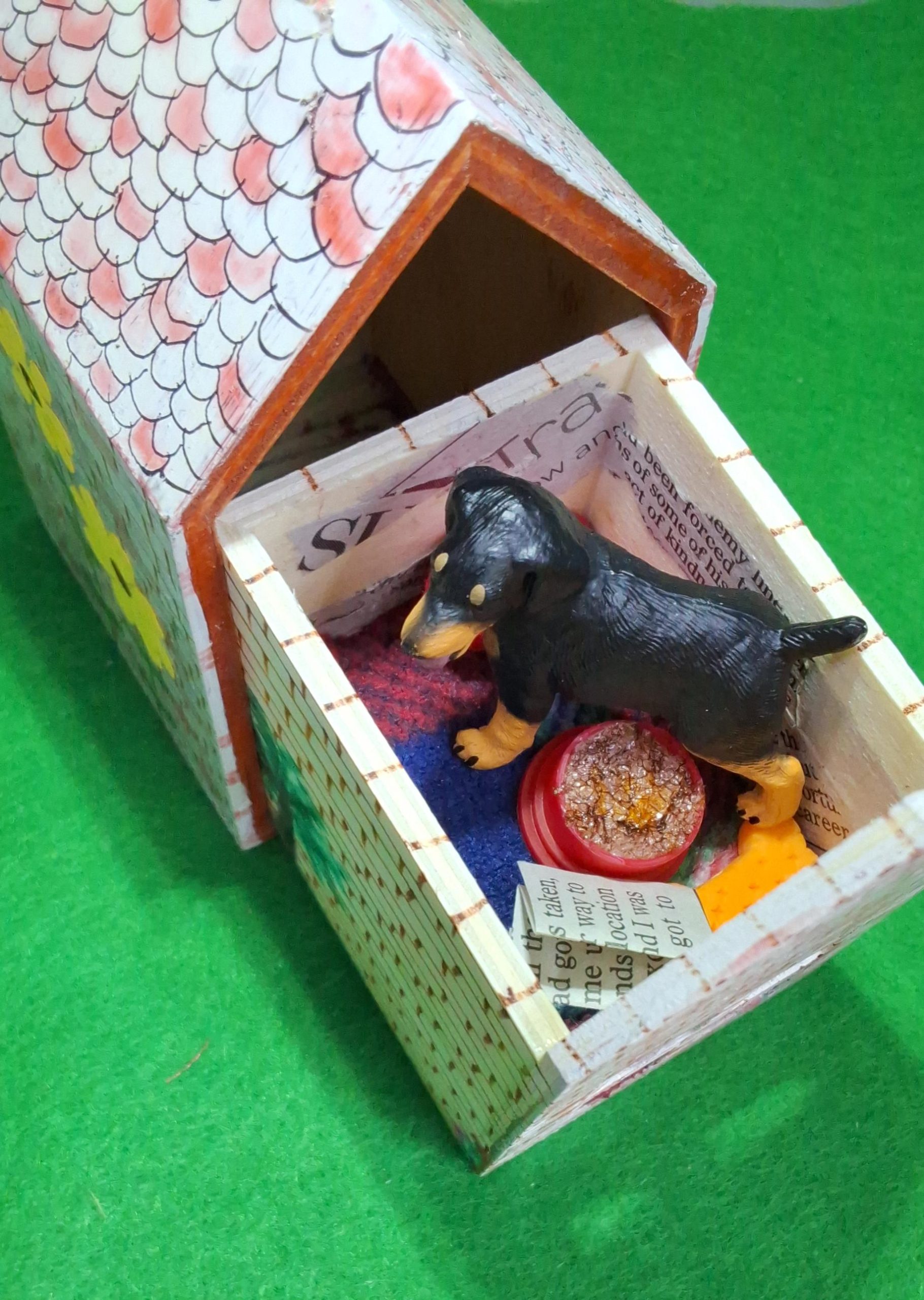 Handmade Decorative Dog House - Includes a decorated dog house, a dog and canine accessories