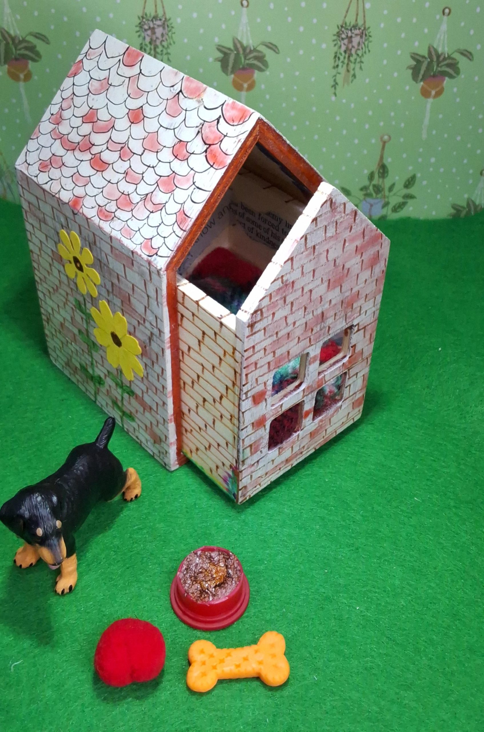 Handmade Decorative Dog House - Includes a decorated dog house, a dog and canine accessories
