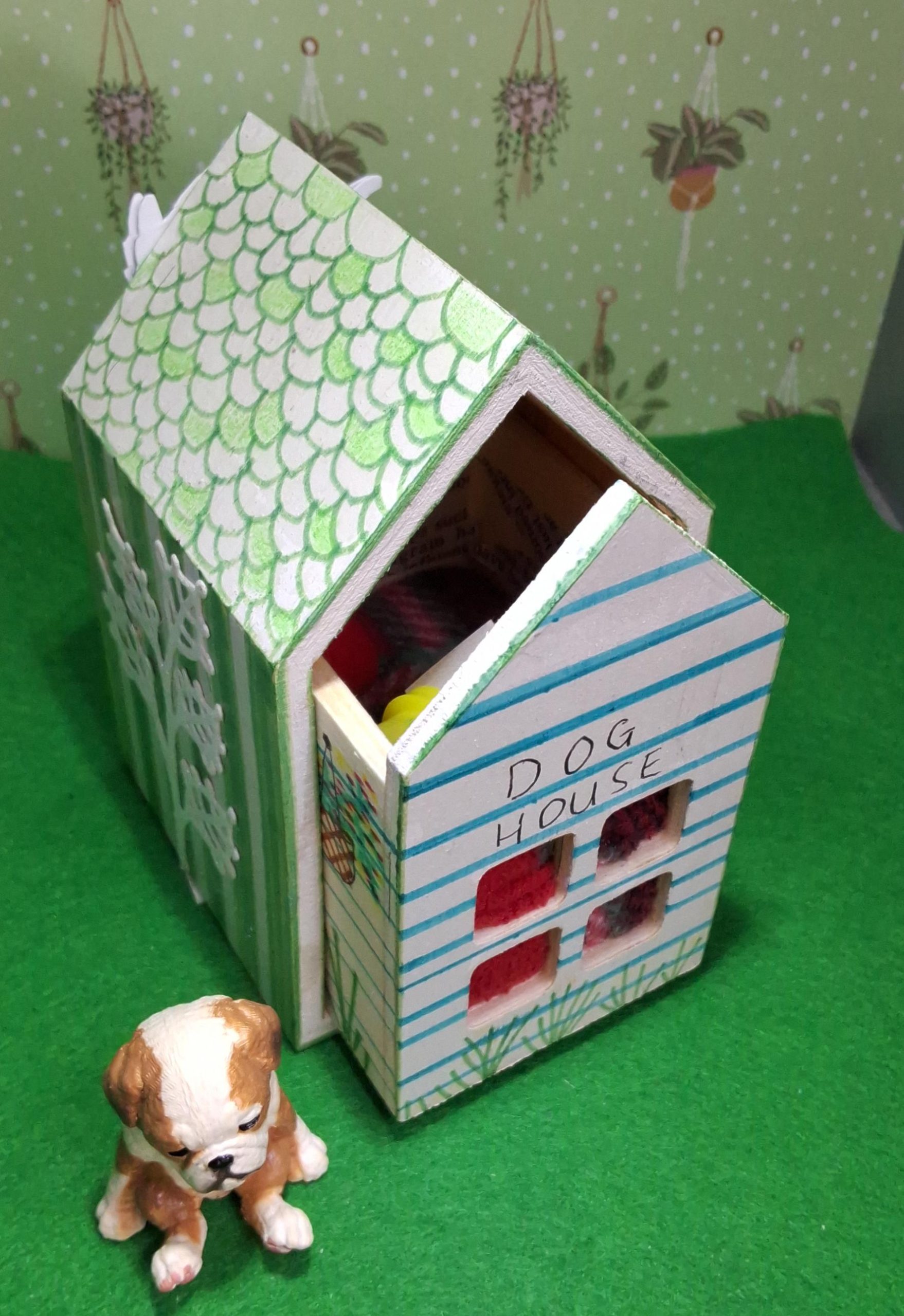 Handmade Decorative Dog House - Includes a decorated dog house, a dog and canine accessories