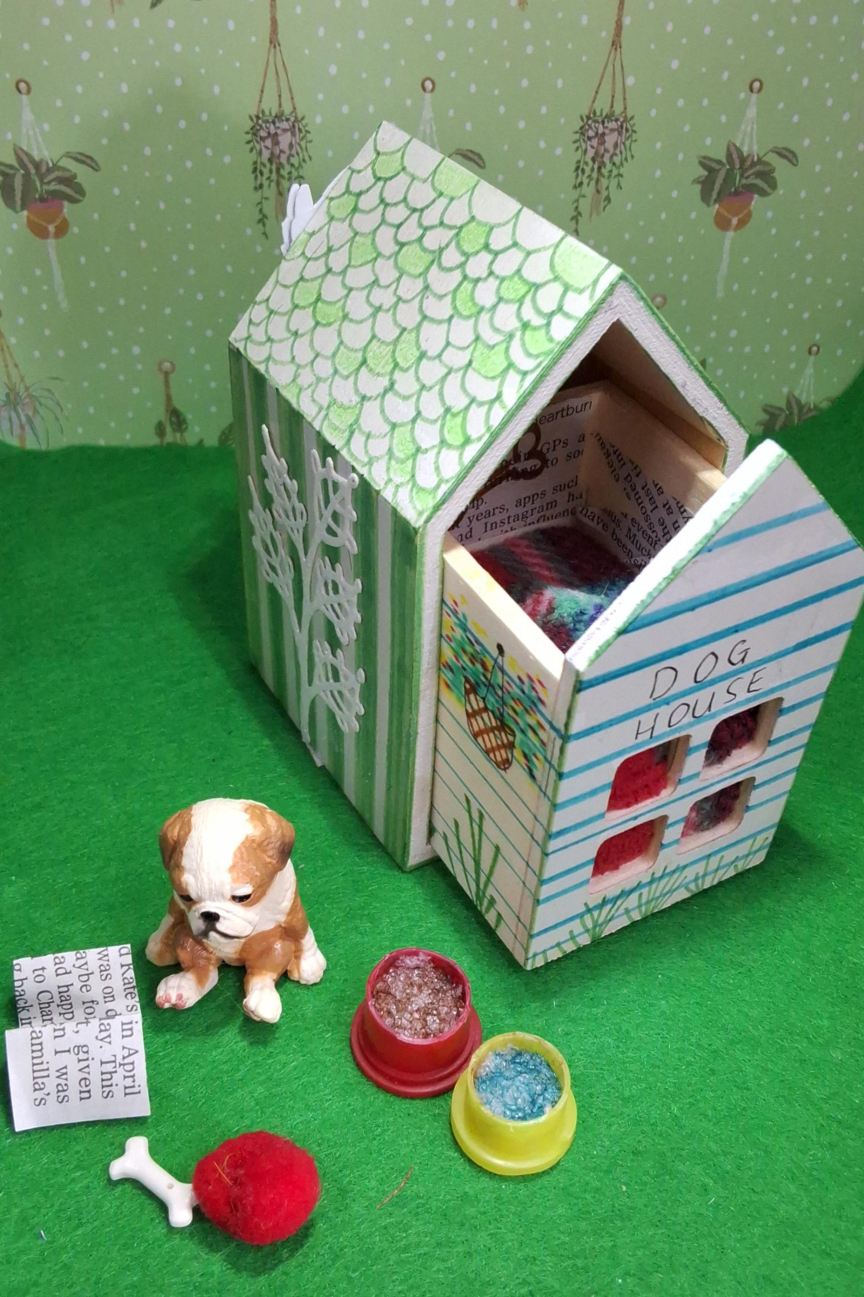 Handmade Decorative Dog House - Includes a decorated dog house, a dog and canine accessories