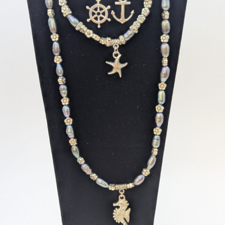 Made to order set of freshwater pearls, Necklet, Bracelet, Earrings. Ocean themed charms