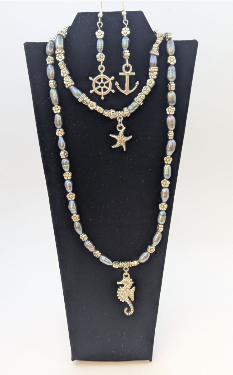 Made to order set of freshwater pearls, Necklet, Bracelet, Earrings. Ocean themed charms