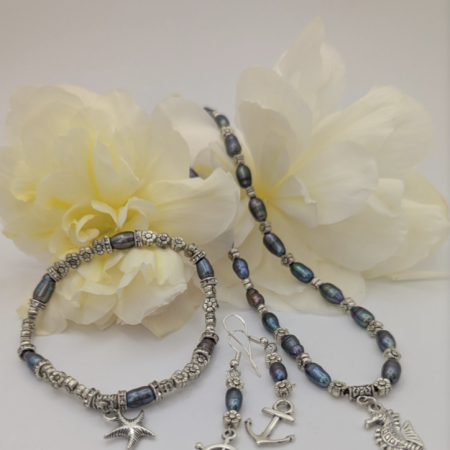 Made to order set of freshwater pearls, Necklet, Bracelet, Earrings. Ocean themed charms