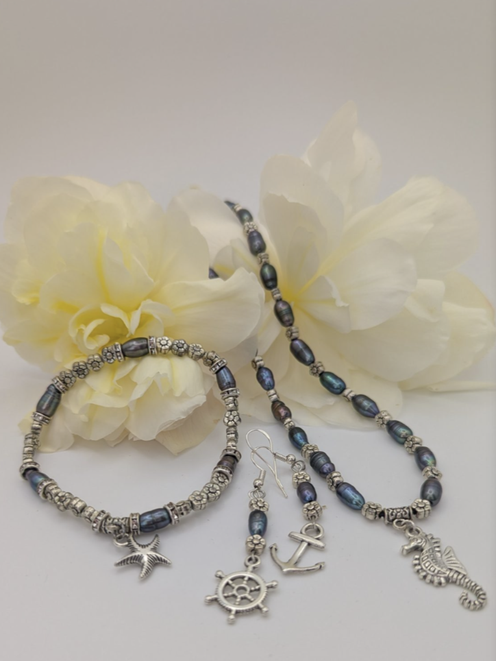 Made to order set of freshwater pearls, Necklet, Bracelet, Earrings. Ocean themed charms