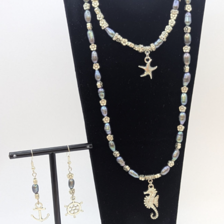 Made to order set of freshwater pearls, Necklet, Bracelet, Earrings. Ocean themed charms