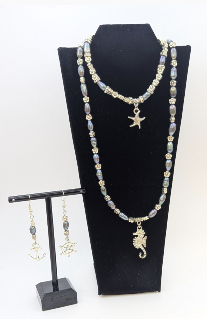 Made to order set of freshwater pearls, Necklet, Bracelet, Earrings. Ocean themed charms
