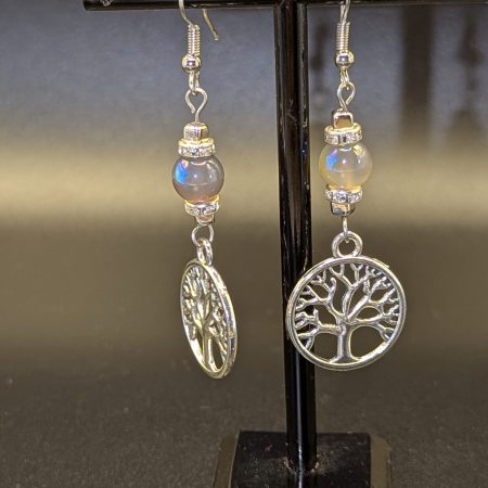 Grey Moonstone with tree of life charm earrings