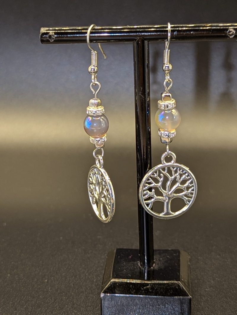 Grey Moonstone with tree of life charm earrings