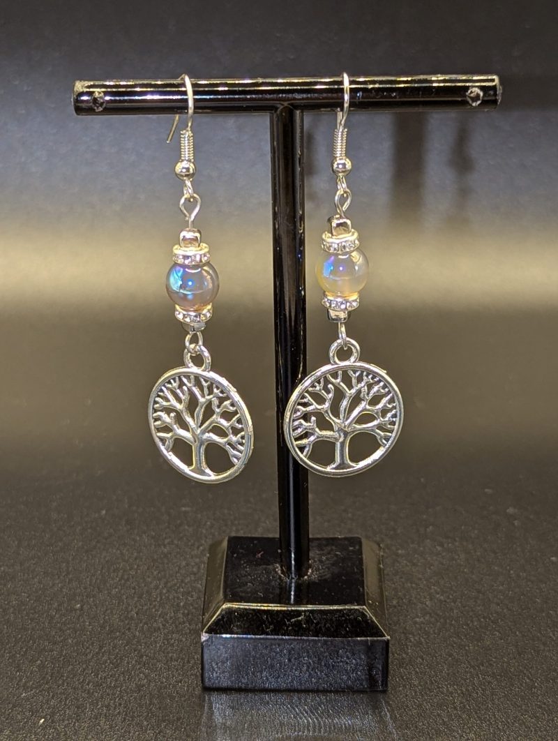 Grey Moonstone with tree of life charm earrings