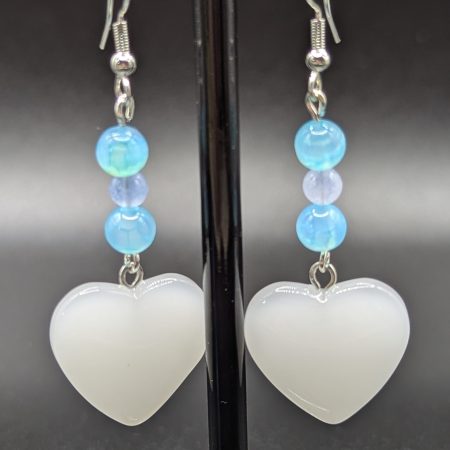 Unusual white jade heart earrings, with Aquamarine agate and aquamarine stones