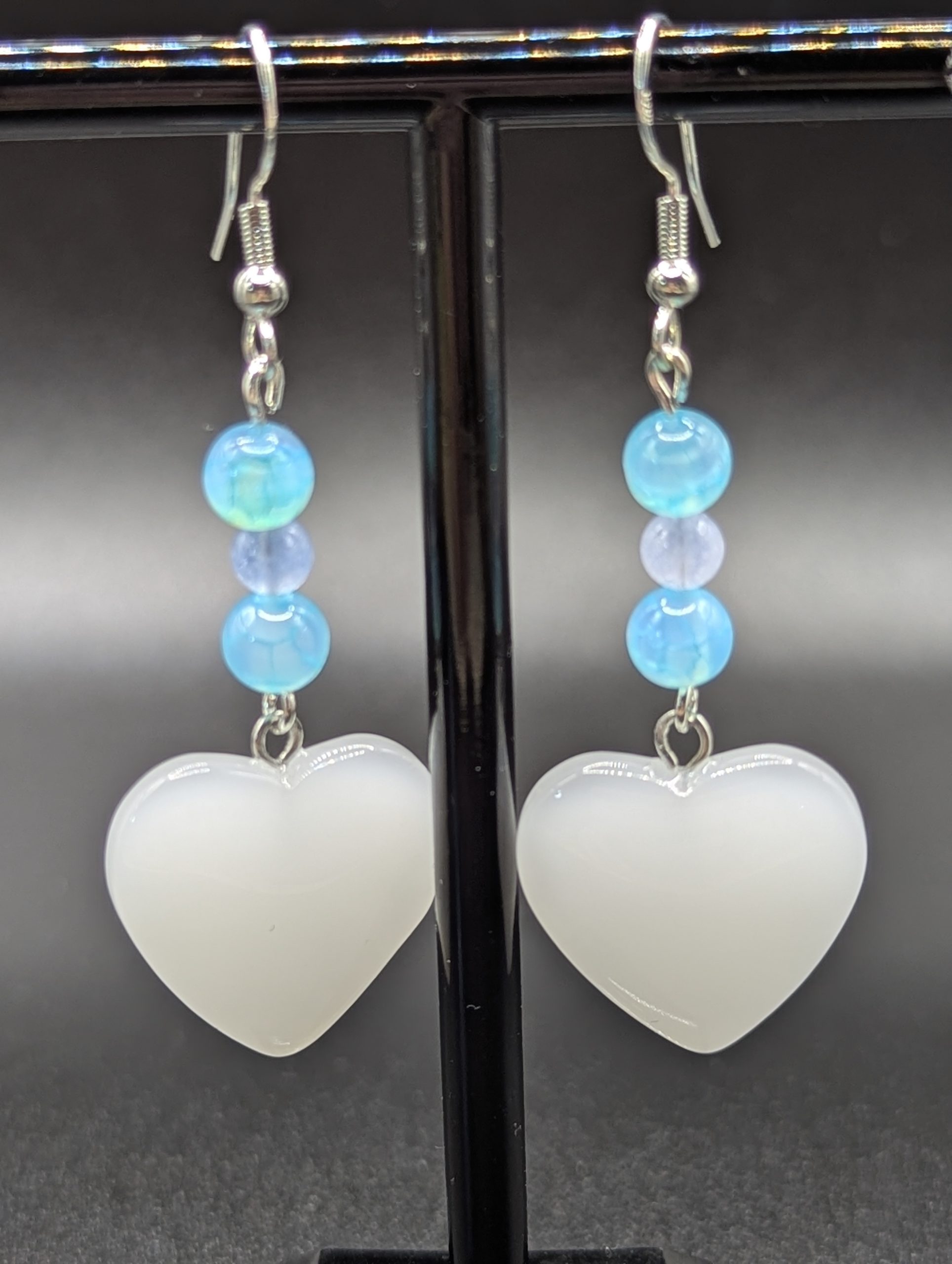 Unusual white jade heart earrings, with Aquamarine agate and aquamarine stones