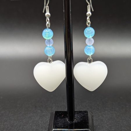 Unusual white jade heart earrings, with Aquamarine agate and aquamarine stones