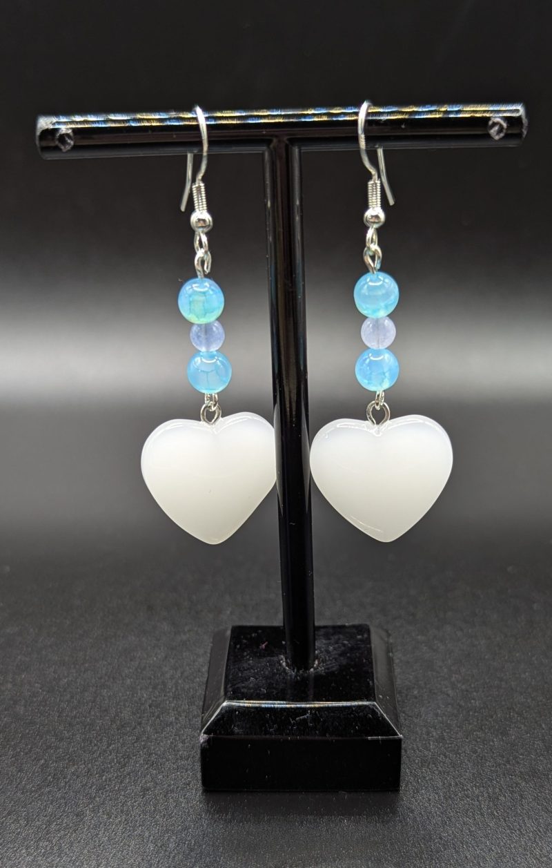 Unusual white jade heart earrings, with Aquamarine agate and aquamarine stones