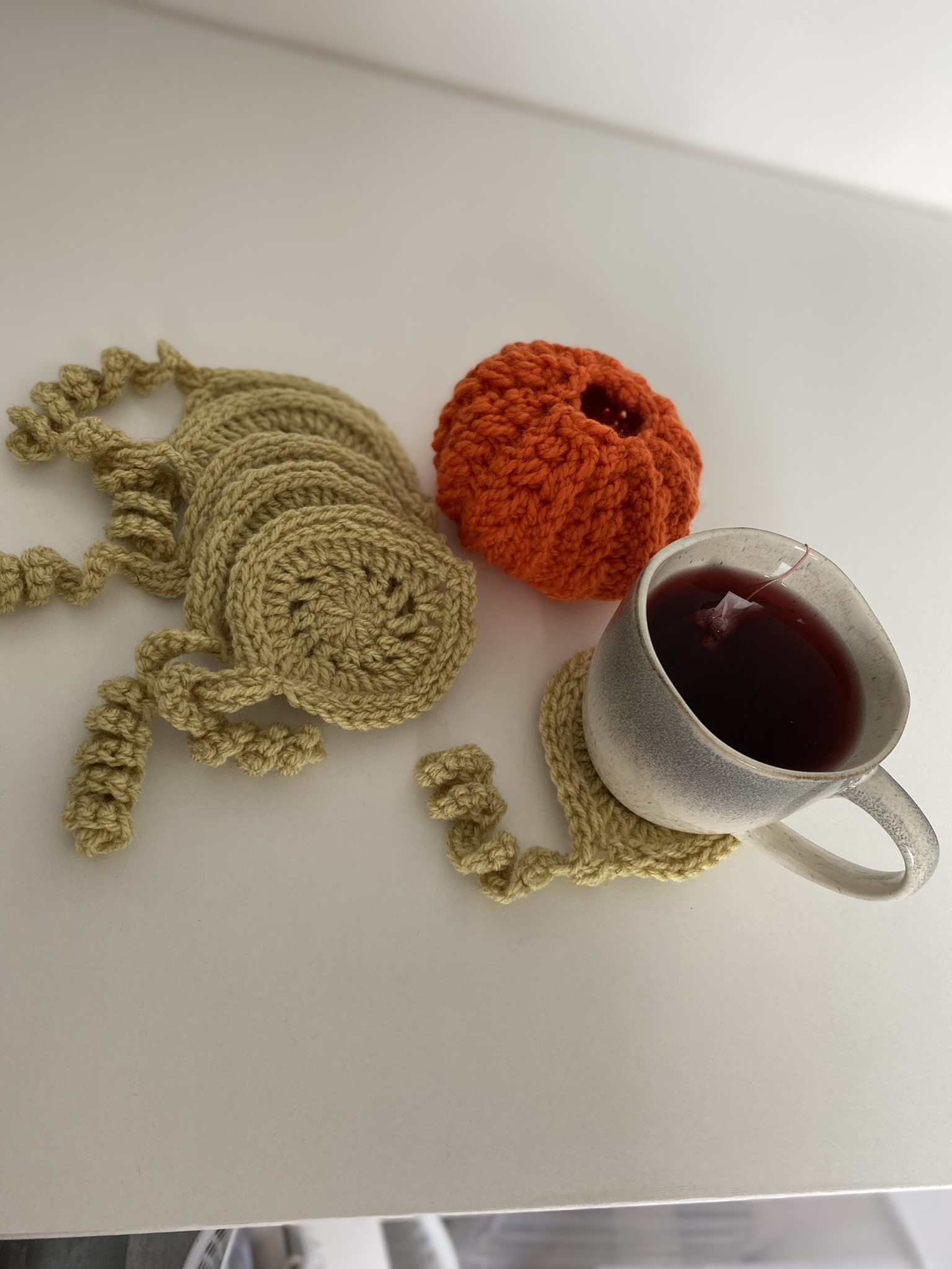Hand crocheted Pumpkin coaster set