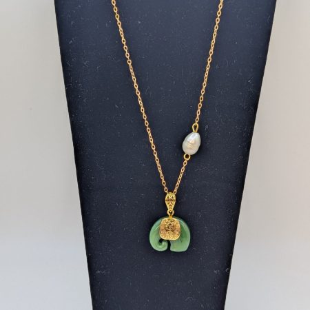 Jade elephant and freshwater pearl on a gold plated chain