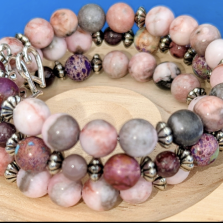 Pink zebra jasper and Blue/purple Jasper memory wire bracelet