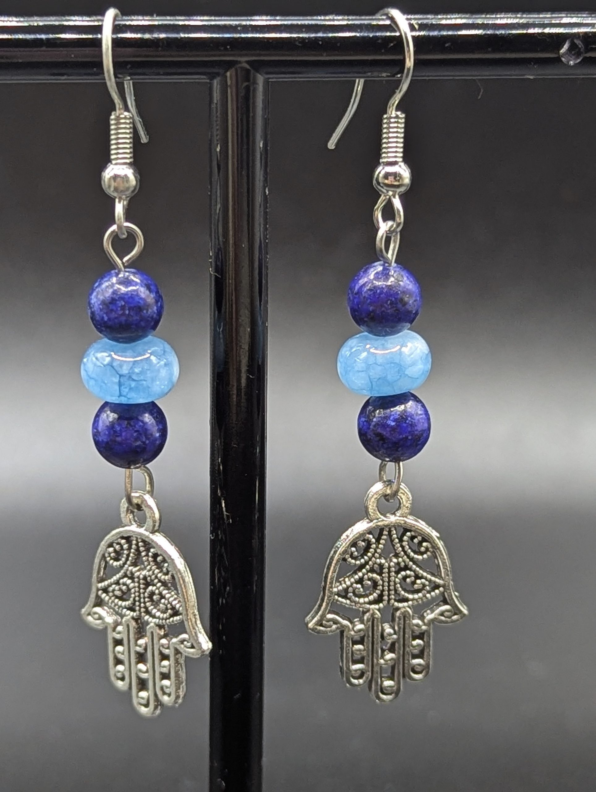 Lapis lazuli and Aquamarine earrings with a protective Hamsa charm