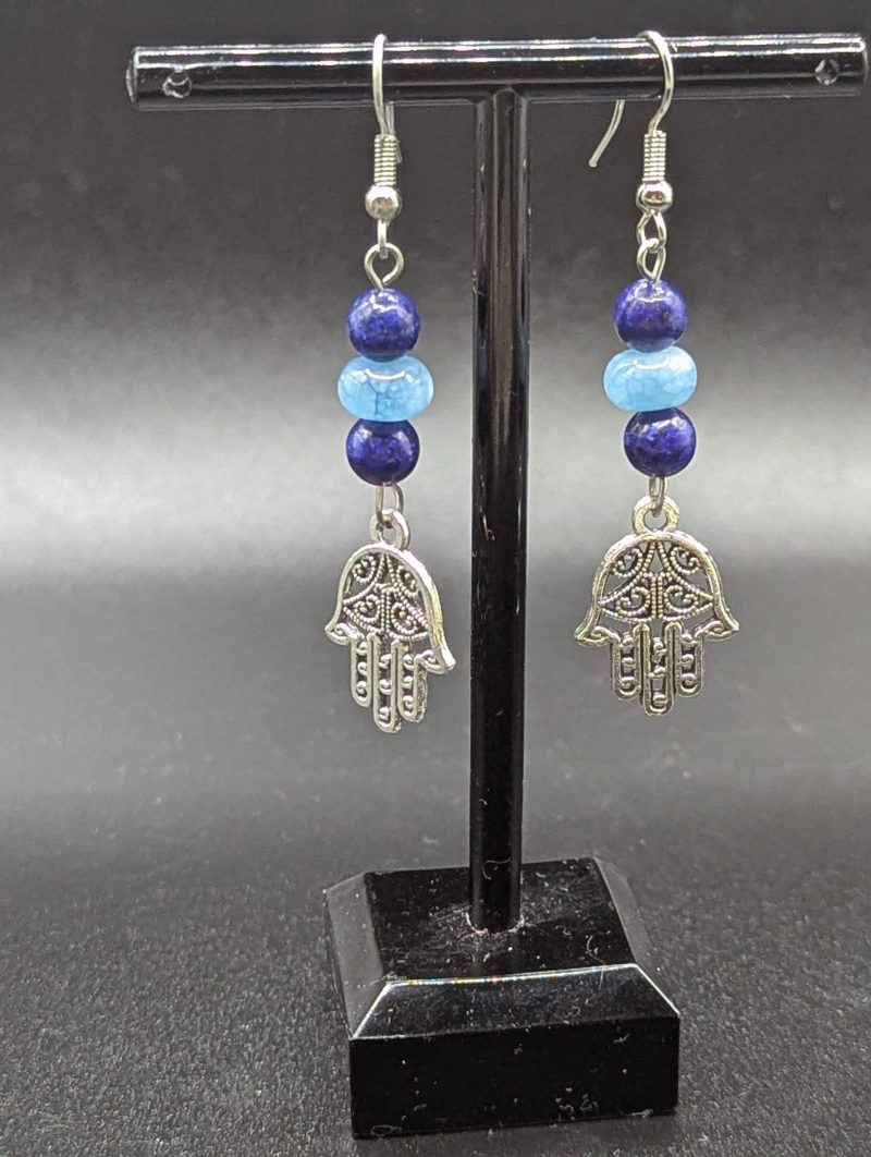 Lapis lazuli and Aquamarine earrings with a protective Hamsa charm