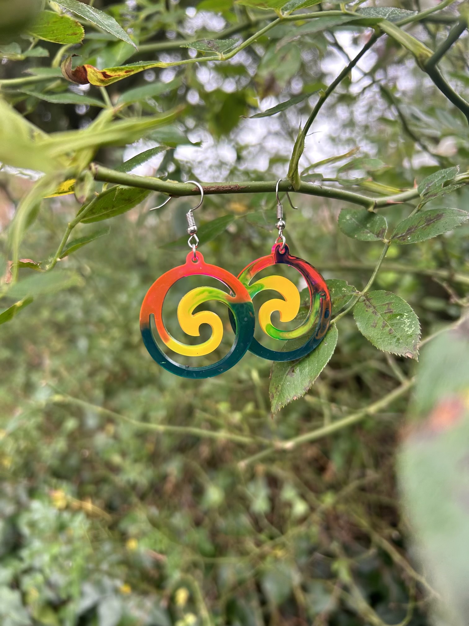 Large dangle colourful rainbow resin swirls earrings