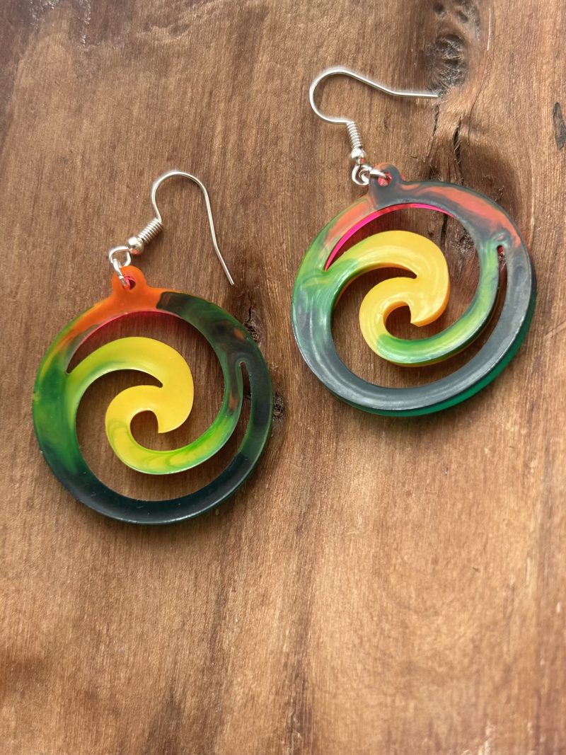 Large dangle colourful rainbow resin swirls earrings