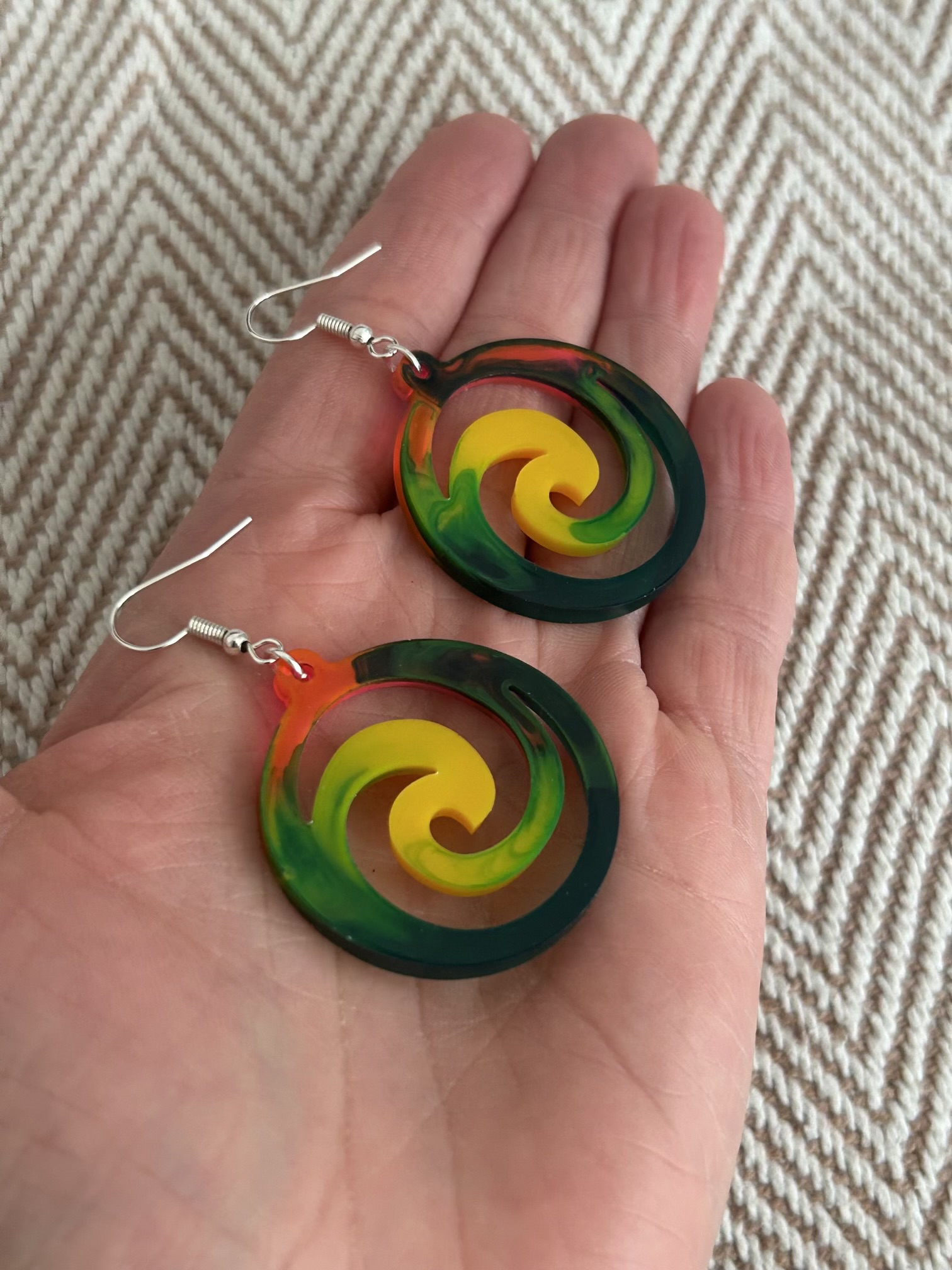 Large dangle colourful rainbow resin swirls earrings