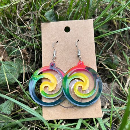 Large dangle colourful rainbow resin swirls earrings