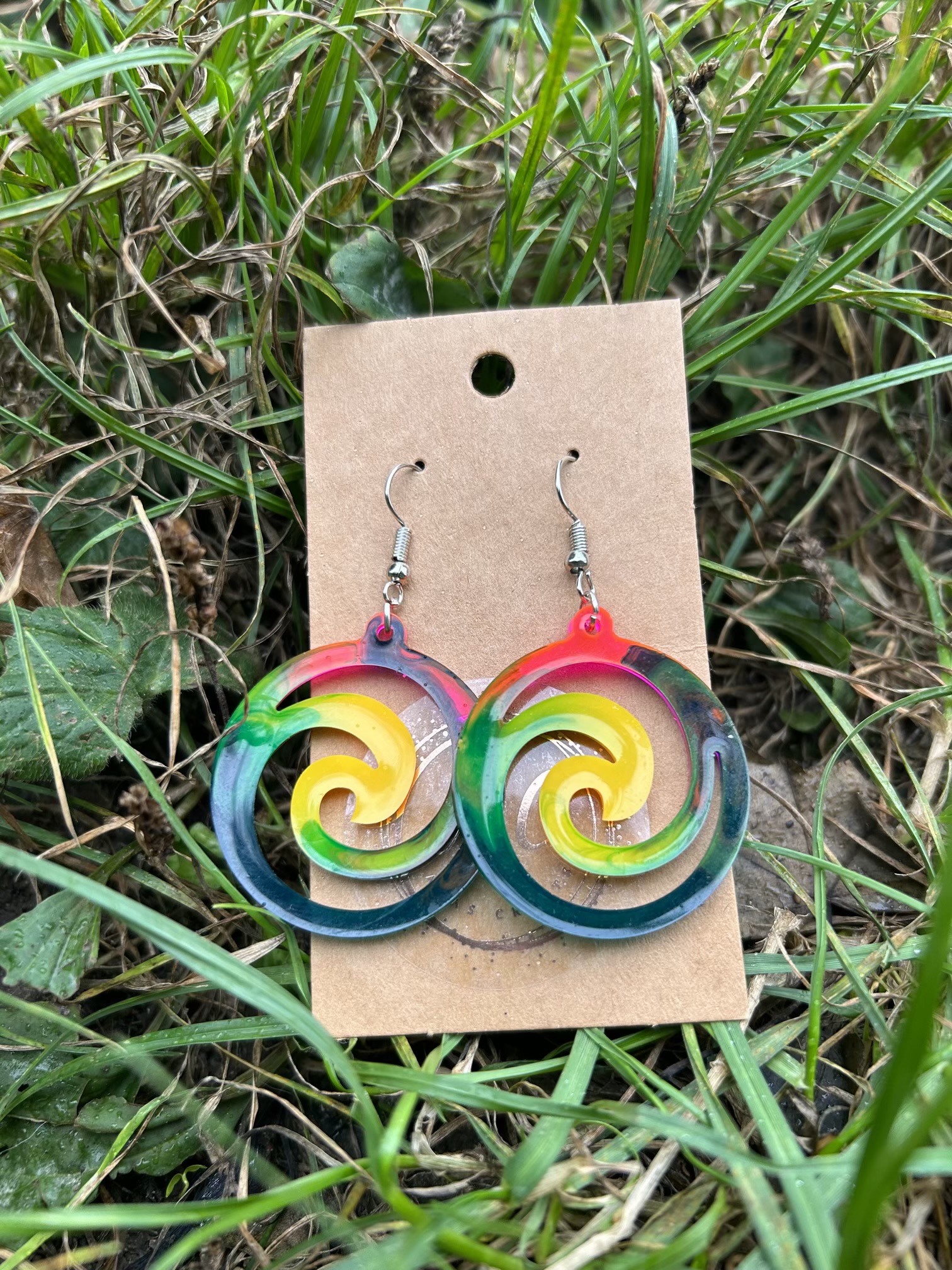 Large dangle colourful rainbow resin swirls earrings