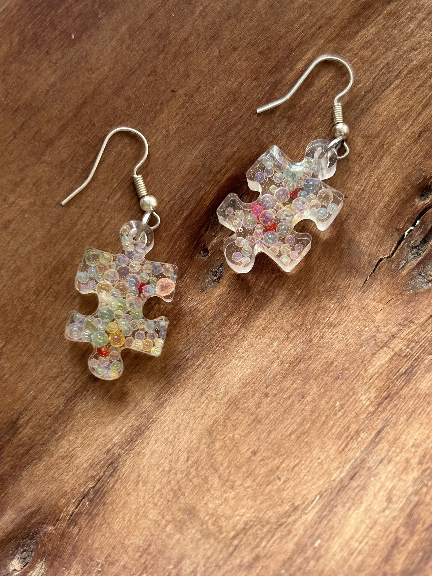 Puzzle resin earrings with bubble glass beads