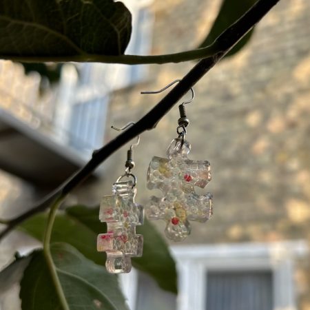Puzzle resin earrings with bubble glass beads