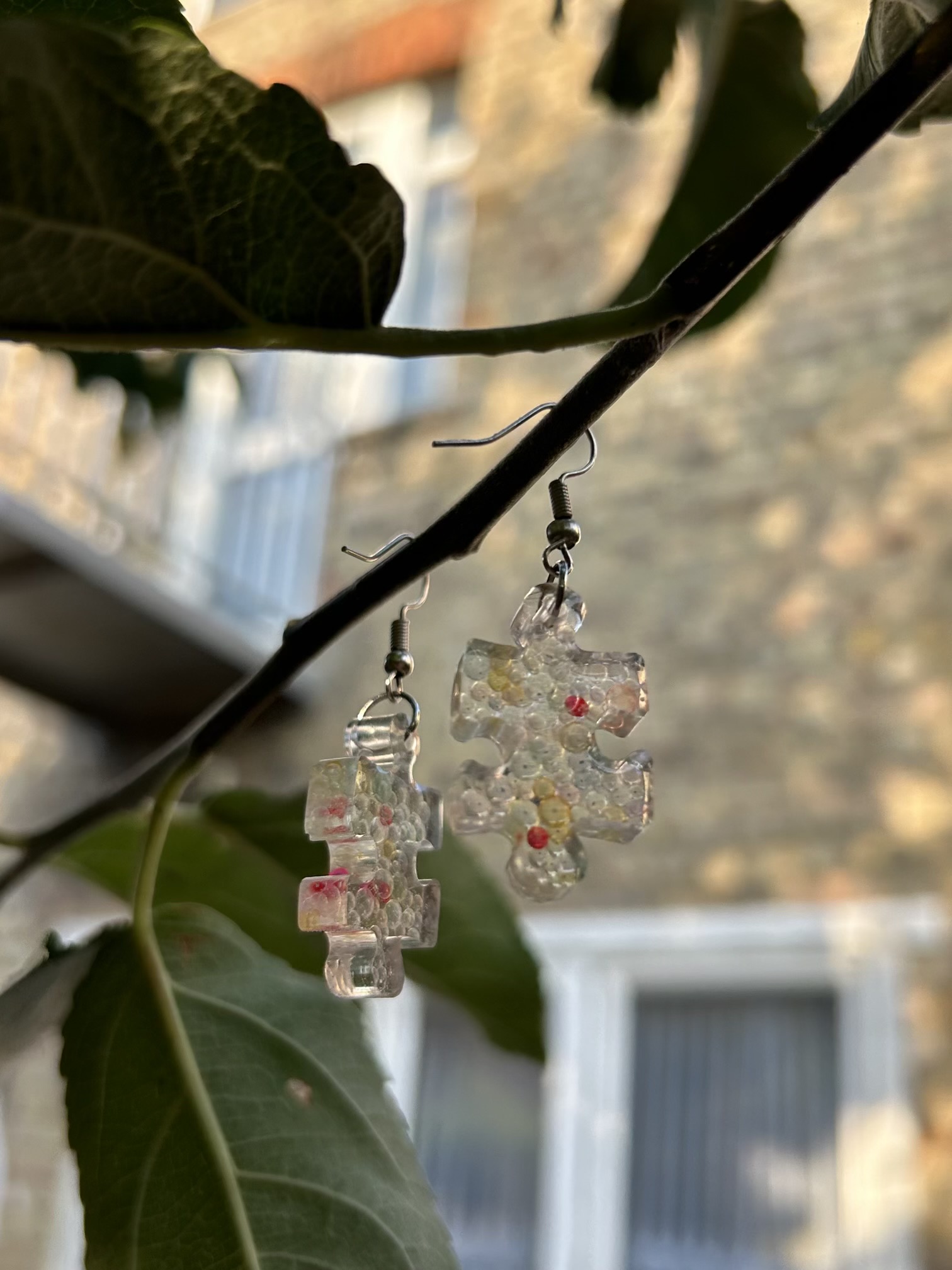 Puzzle resin earrings with bubble glass beads