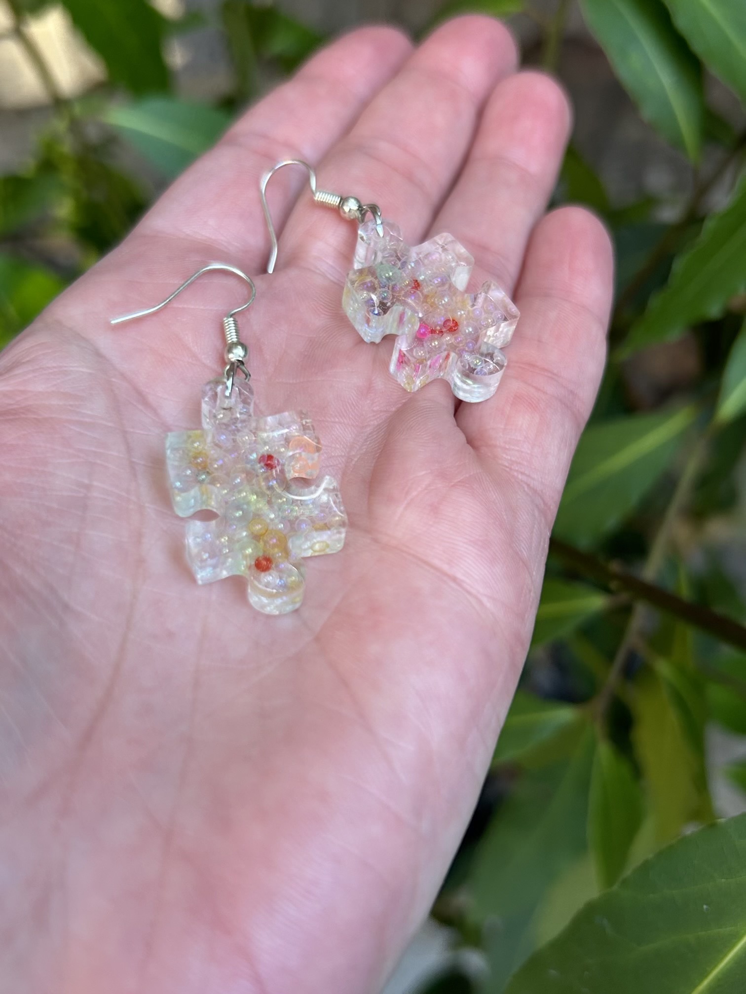 Puzzle resin earrings with bubble glass beads
