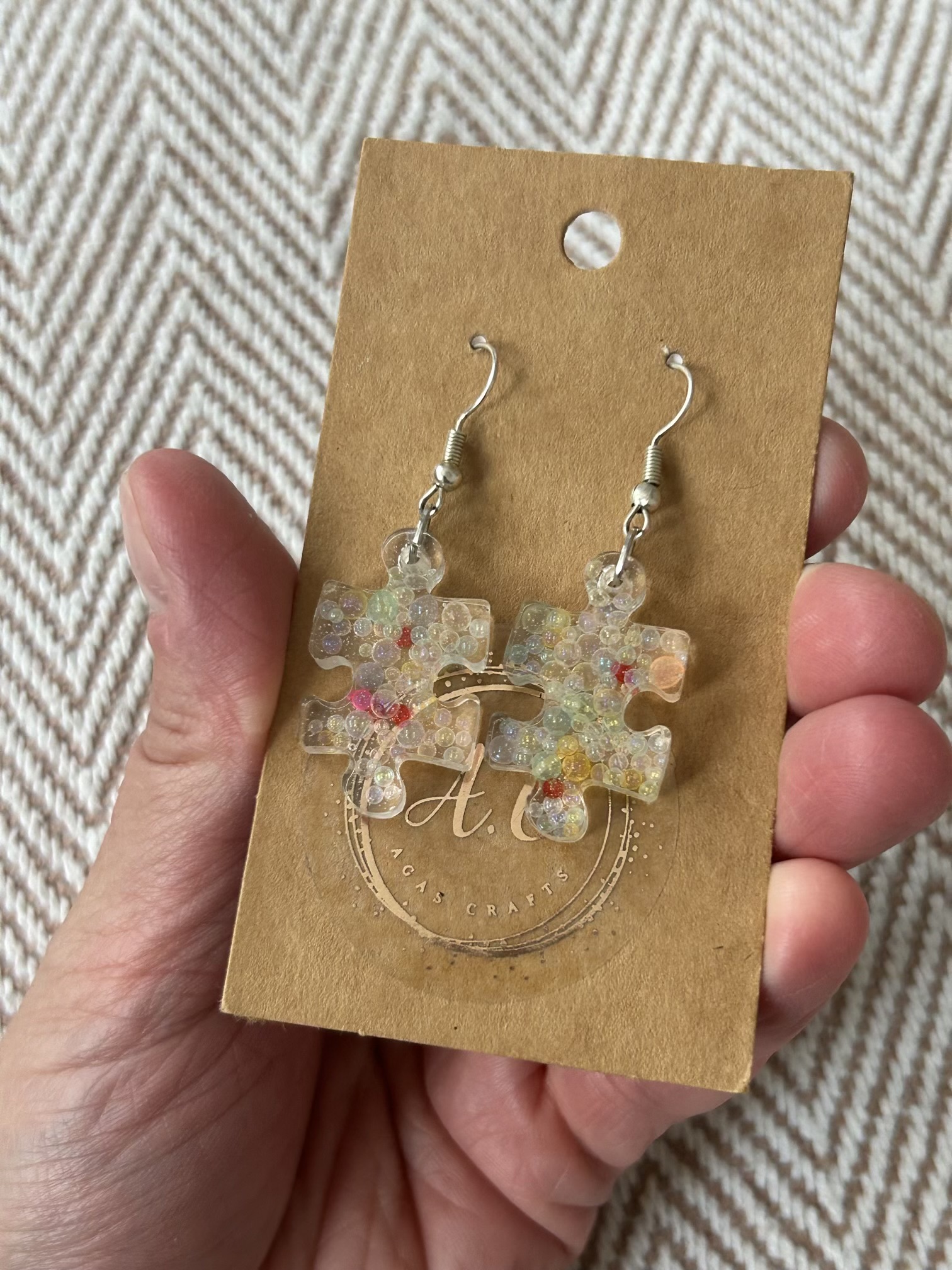 Puzzle resin earrings with bubble glass beads