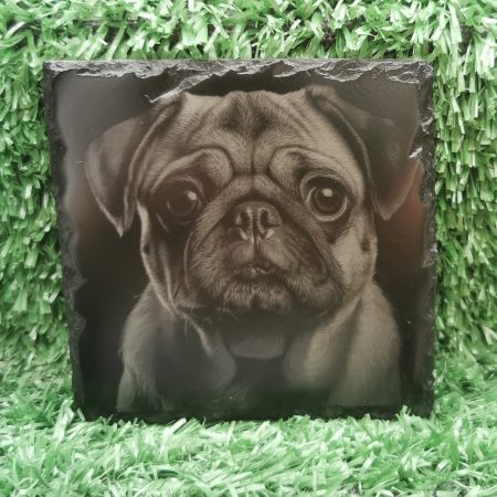 Pug Slate Coaster, Laser Engraved, Dog Square 100mm