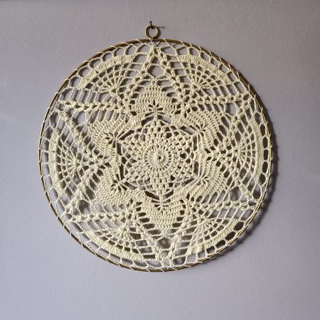 Beige Crochet Mandala Wall Hanging in Gold Metal Ring