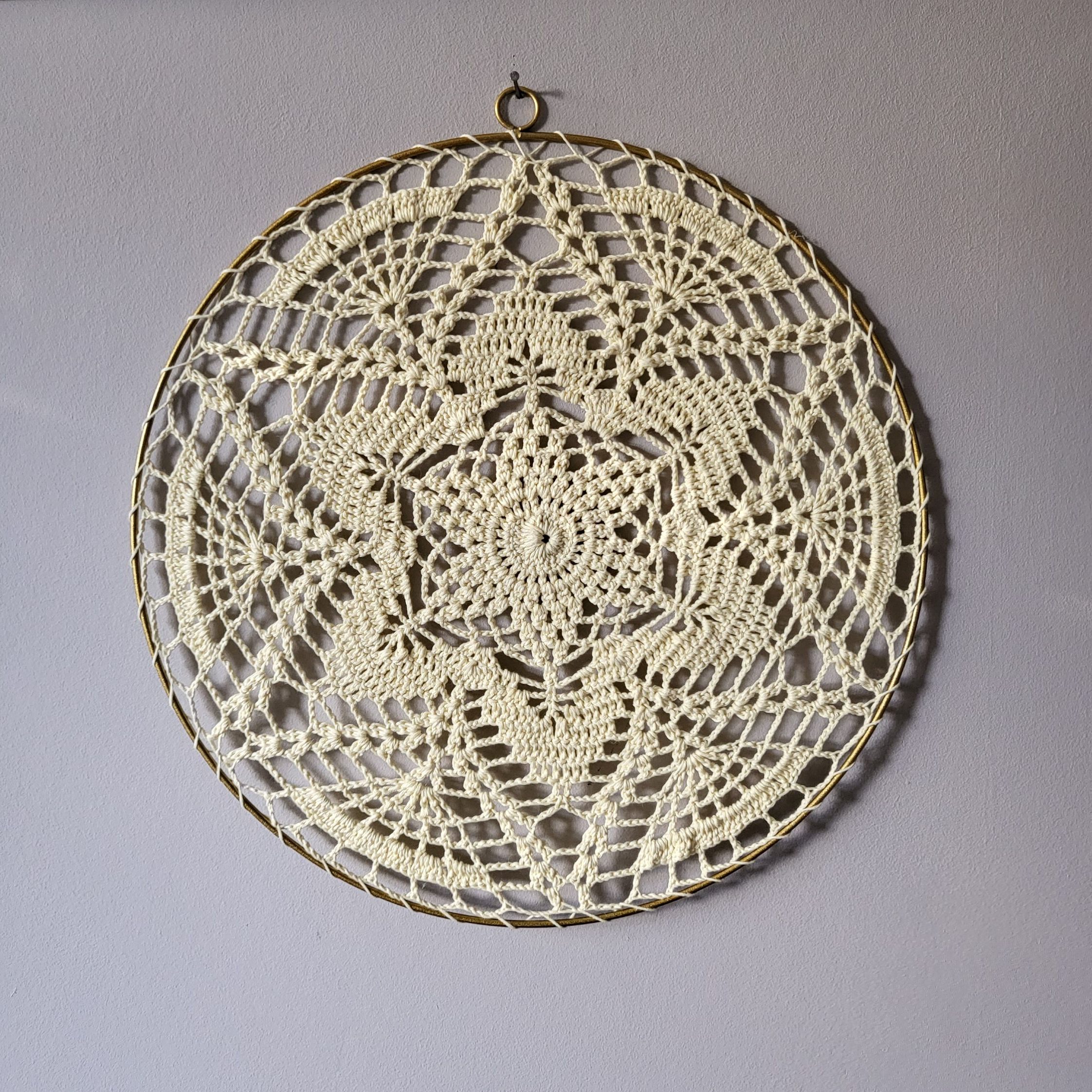Beige Crochet Mandala Wall Hanging in Gold Metal Ring
