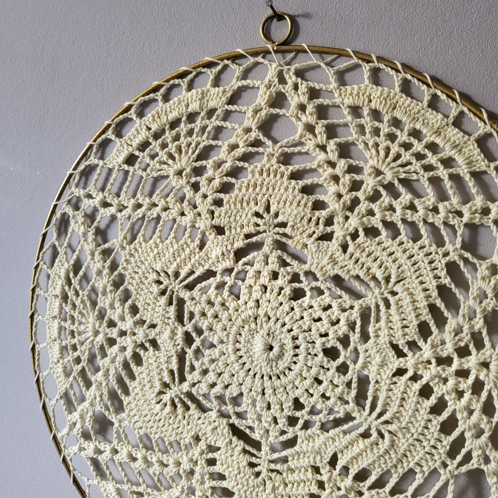 Beige Crochet Mandala Wall Hanging in Gold Metal Ring