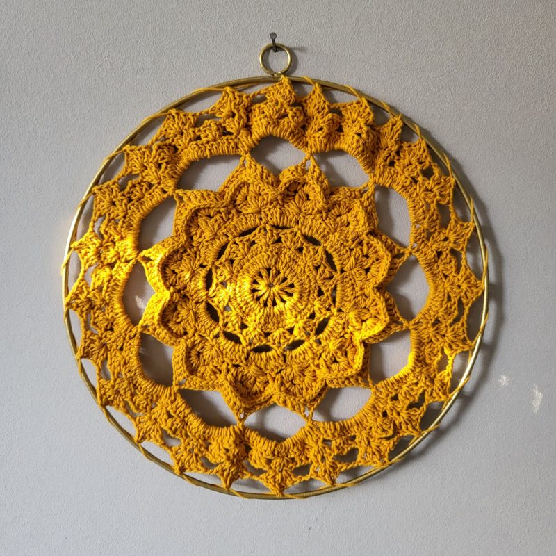 Mustard Crochet Mandala Wall Hanging In Gold Metal Ring