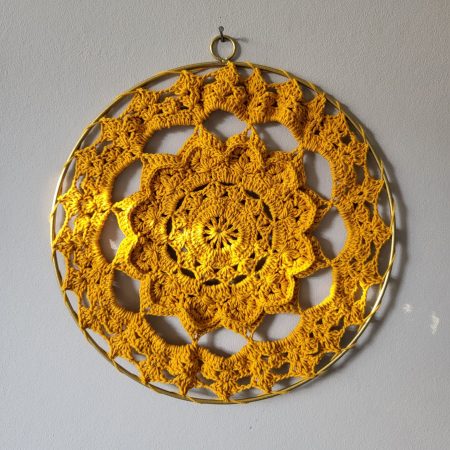 Mustard Crochet Mandala Wall Hanging In Gold Metal Ring