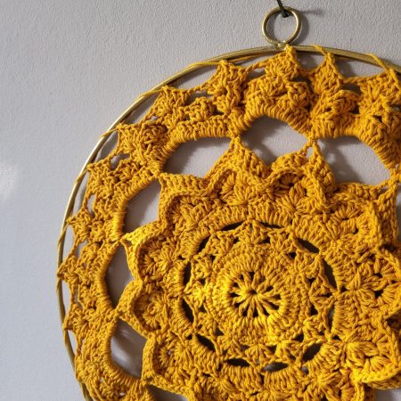 Mustard Crochet Mandala Wall Hanging In Gold Metal Ring