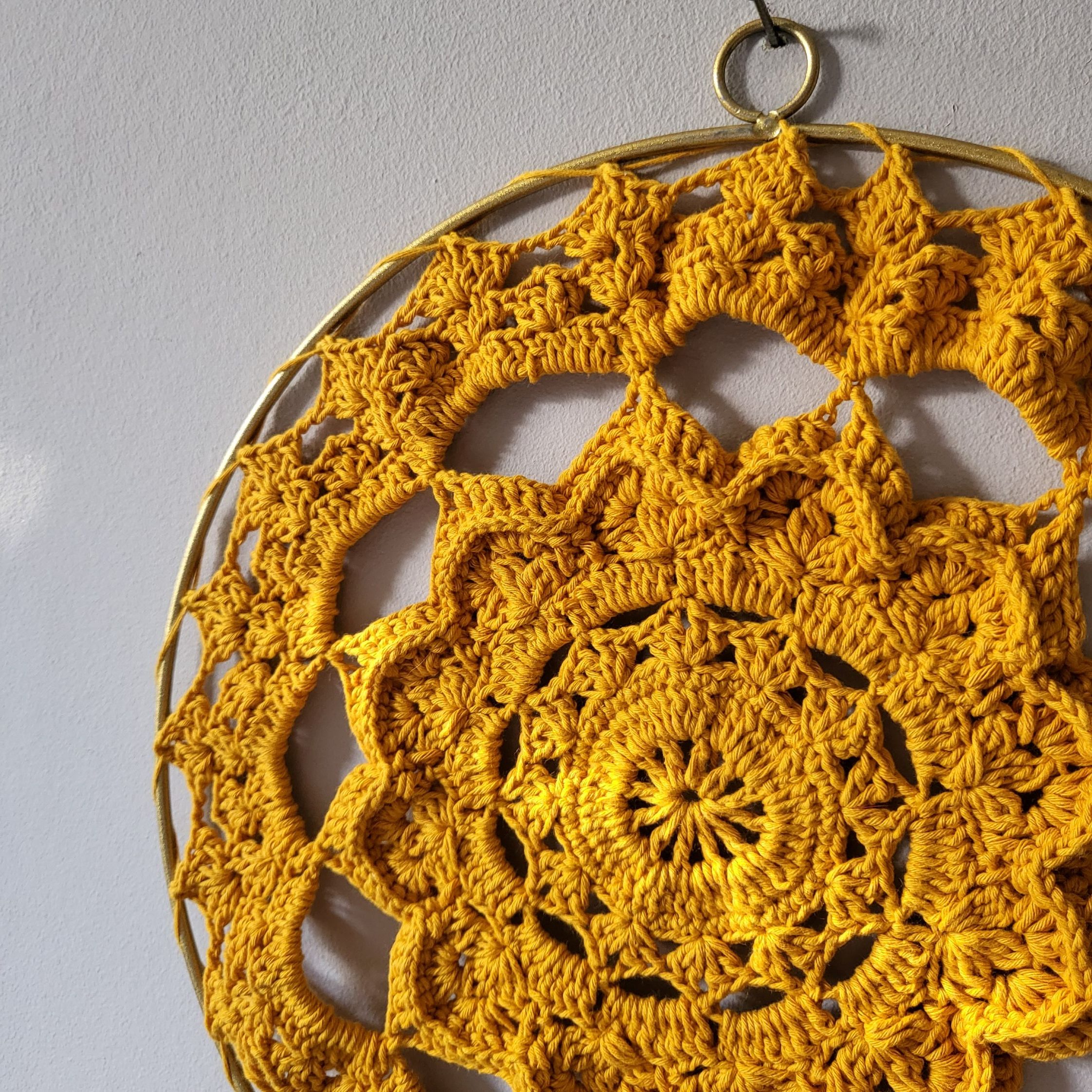 Mustard Crochet Mandala Wall Hanging In Gold Metal Ring