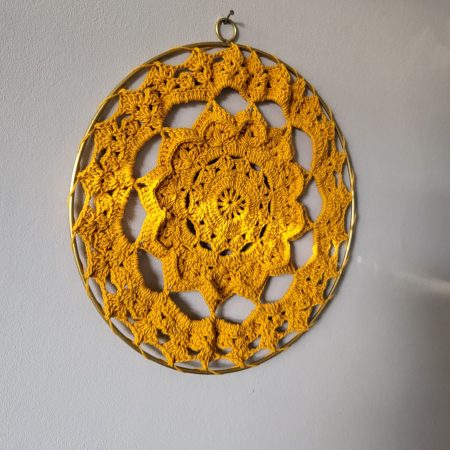 Mustard Crochet Mandala Wall Hanging In Gold Metal Ring
