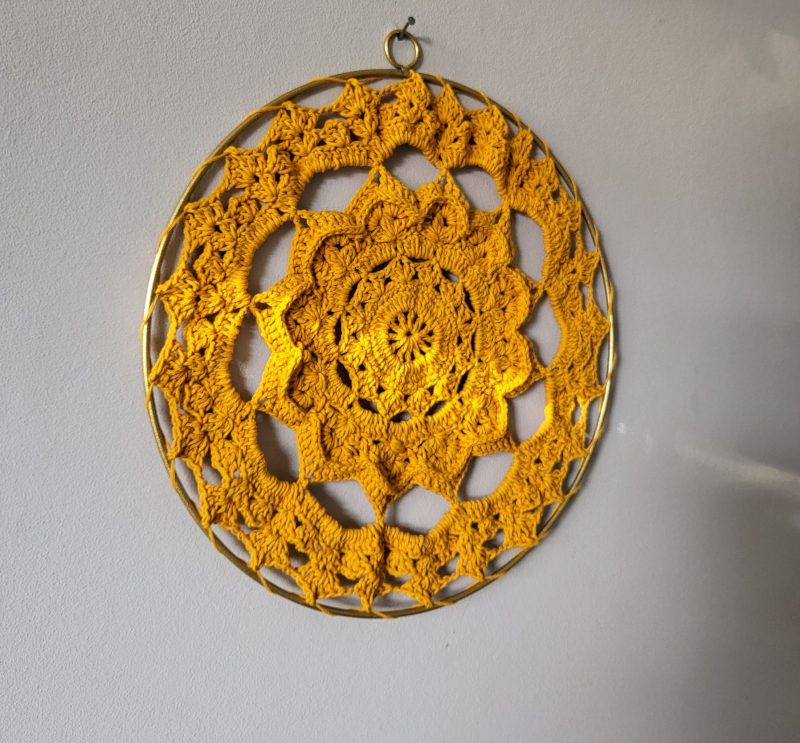 Mustard Crochet Mandala Wall Hanging In Gold Metal Ring