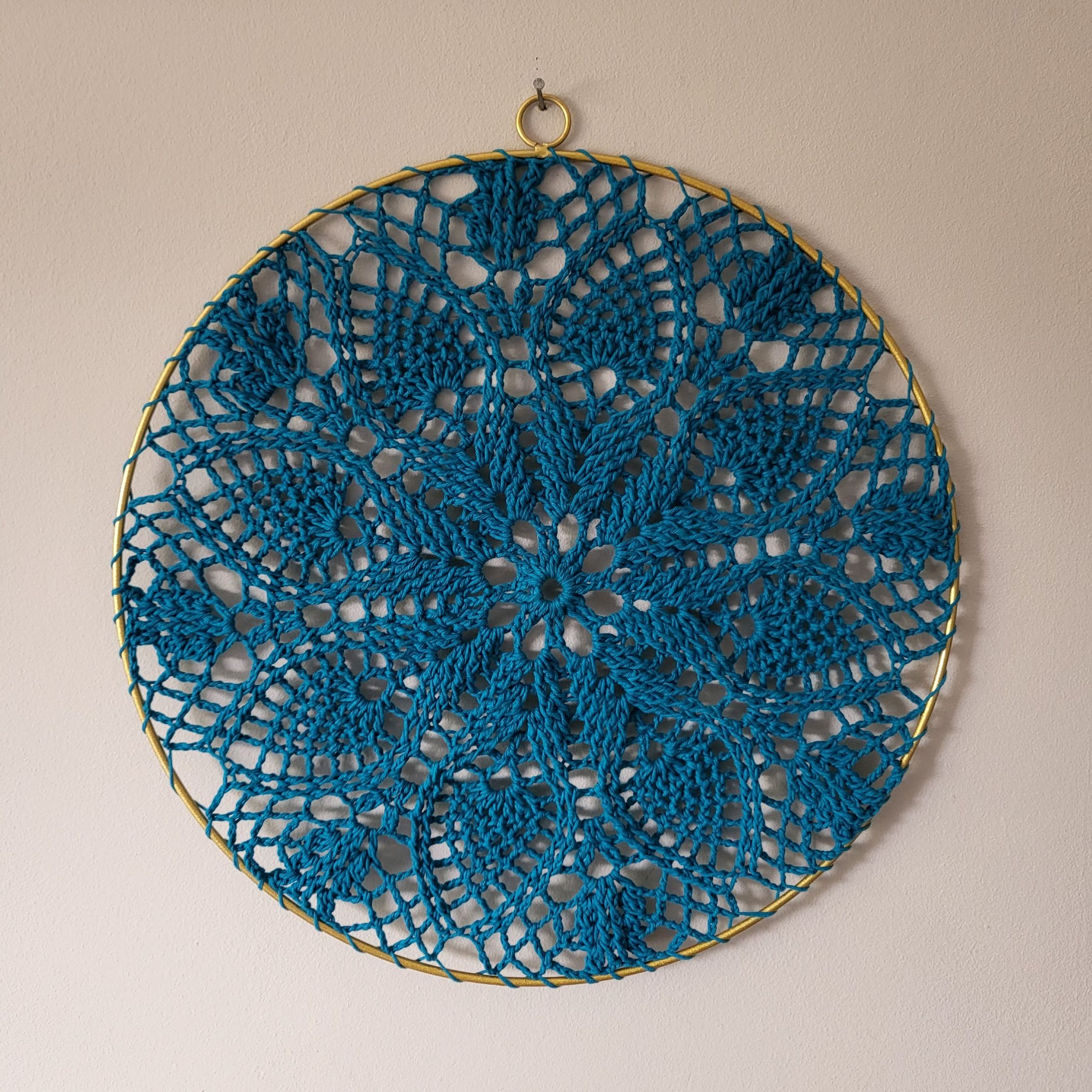 Turquoise Crochet Mandala Wall Hanging In Gold Ring