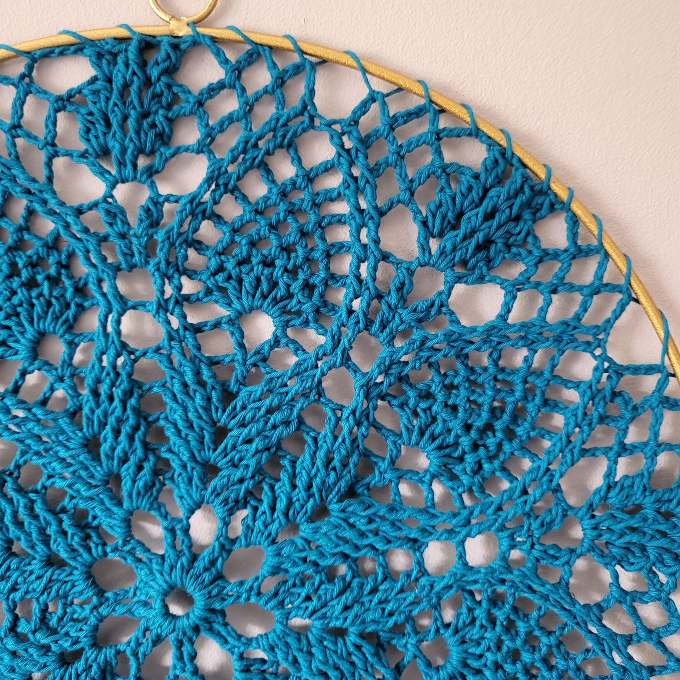 Turquoise Crochet Mandala Wall Hanging In Gold Ring