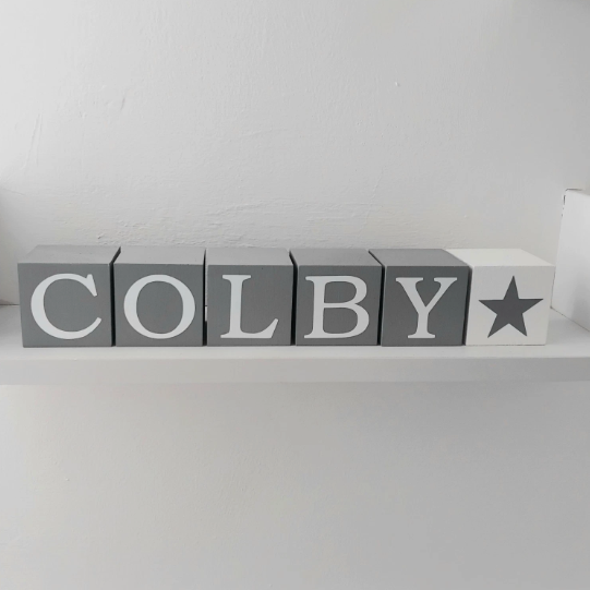 Handpainted wood baby name blocks, various colours, 3 sizes available, wood star block