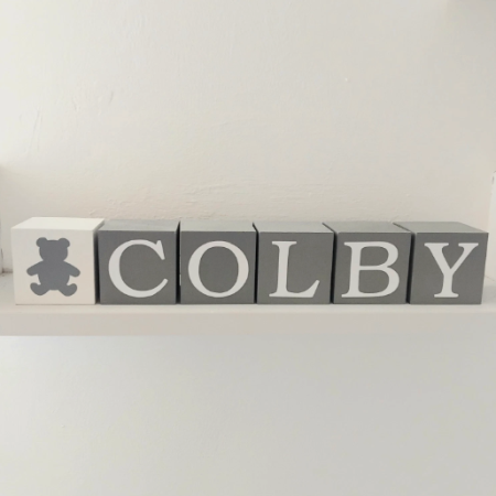 Handpainted wood baby name blocks, various colours, 3 sizes available, wood teddy block