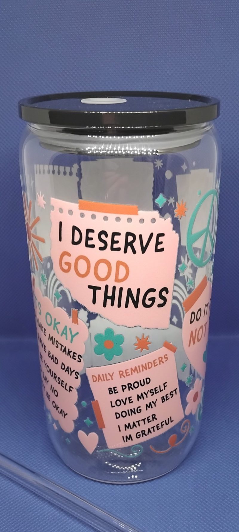 Clear tumbler with lid straw and decal