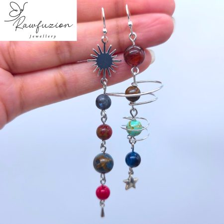 Solar System Earrings, Long Bead Dangle Jewellery Silver, Planets Sun Stars Space